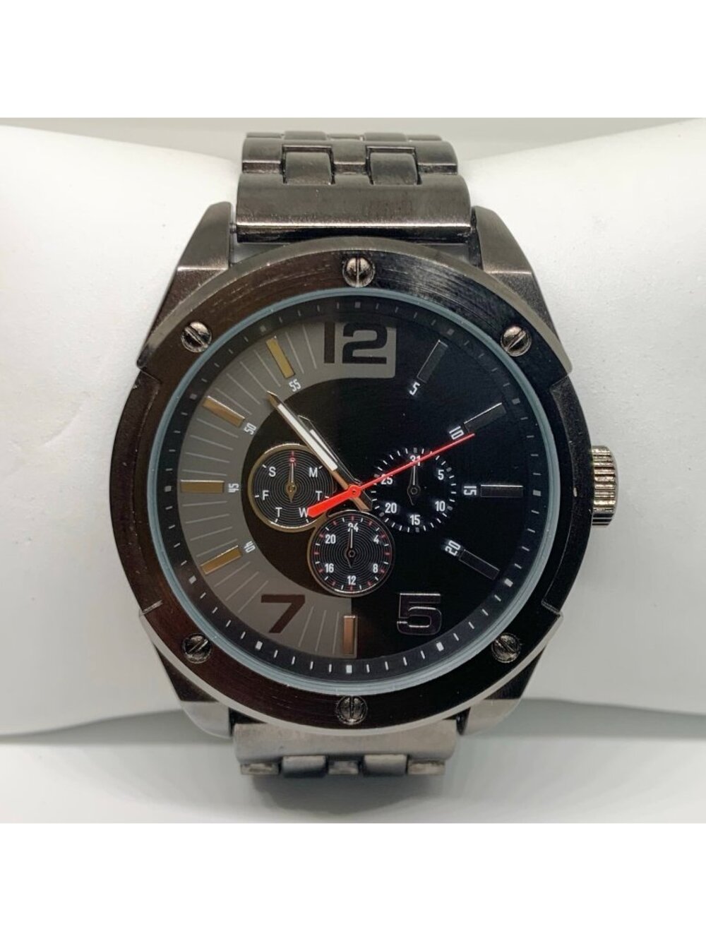 FMD men’s black tone watch large face 51mm quartz analog up to 7.5” running